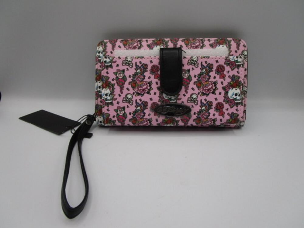 Ed Hardy Pink Wristlet Zip Around Wallet Skulls Roses Cellphone‎ Pocket